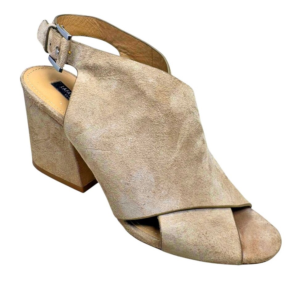 Lafayette 148 New York Covell Beige Suede Block Heel Slingback Sandals